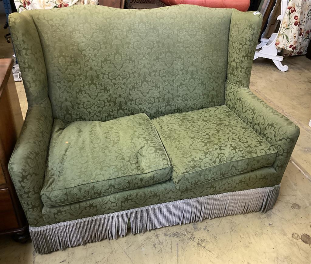 A green damask two seater sofa, width 135cm, depth 70cm, height 100cm
